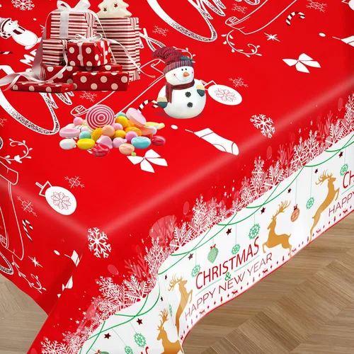 Miniatura 7 de Paquete de 3 manteles navideños desechables de plástico, manteles de mesa navideños rectangulares rojos para fiestas, con estampado de árbol