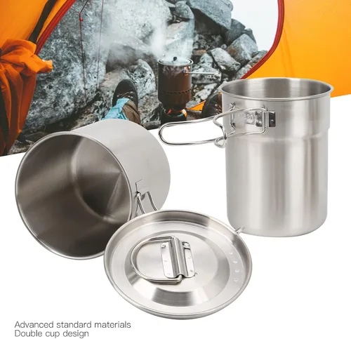 Miniatura 3 de Taza de camping plegable de acero inoxidable con tapa para llama directa de fuego abierto para mochilero/senderismo/camping catering al aire libre