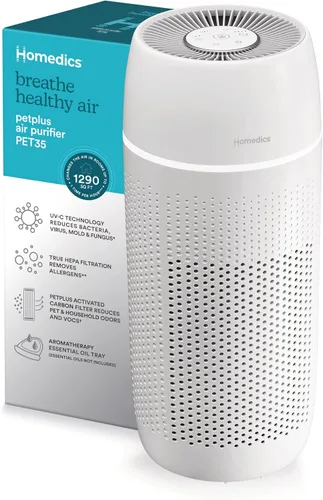 Homedics Purificador de aire 5 en 1 PetPlus UV-C - Filtro HEPA de 360 grados para 266 pies cuadrados, purificadores de aire para mascotas,