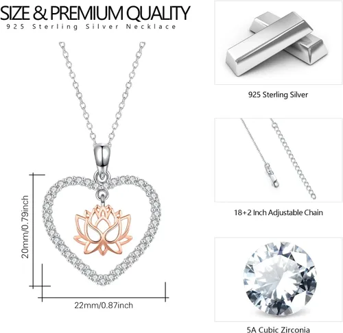 Miniatura 6 de CRWENG Collares de loto para mujer, plata de ley 925, collar con colgante de corazón floral de loto, joyería de circonita cúbica natural, regalos
