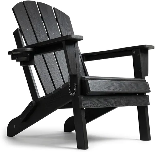 Silla Adirondack plegable de HDPE, silla de patio al aire libre con soporte para tazas, silla de césped de grano de madera resistente a la
