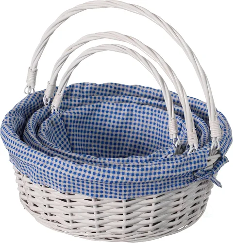 WICKERWISE Cesta de regalo tradicional de sauce redondo blanco con forro a cuadros y asas resistentes, cesta de almacenamiento de aperitivos de