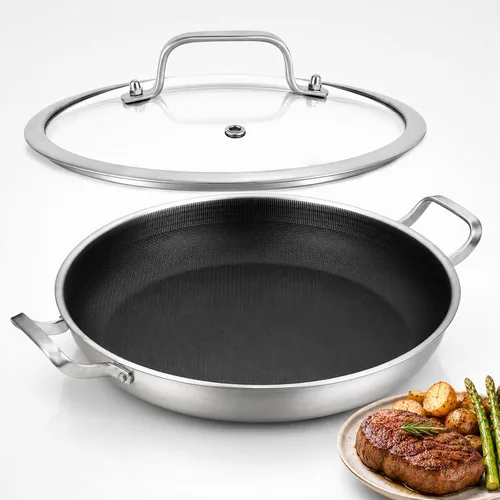 DELARLO Sartén con tapa, sartén de acero inoxidable de tres capas, sartén antiadherente de 10 pulgadas, sartenes y sartenes, sartén antiadherente