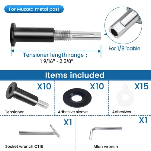 Miniatura 2 de [Patente] Muzata Paquete de 10 barandillas de cable invisible de 1/8 pulgadas, kit de barandilla de cable invisible negro, tensor de estampación