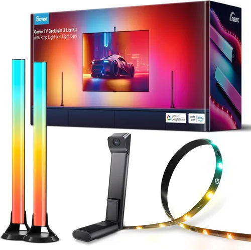 Govee Retroiluminación de TV 3 Lite Kit, tira de luces LED Wi-Fi RGBICW de 3.6 m para televisores de 55 a 65 pulgadas con cámara y barras de luz