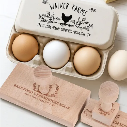 KAINSY Sellos de cartón de huevos personalizados, sellos personalizados para cartón de huevos, 8 tamaños, sellos de goma de madera para cajas de