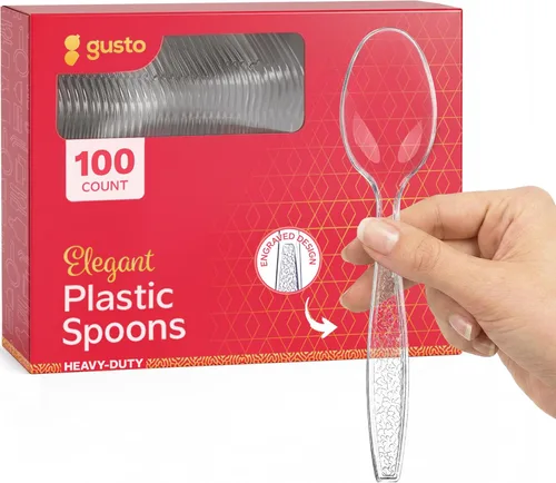 Miniatura 8 de GUSTO [Paquete de 100] Tenedores de plástico transparente pesado con diseño grabado, utensilios de plástico resistentes desechables para fiestas