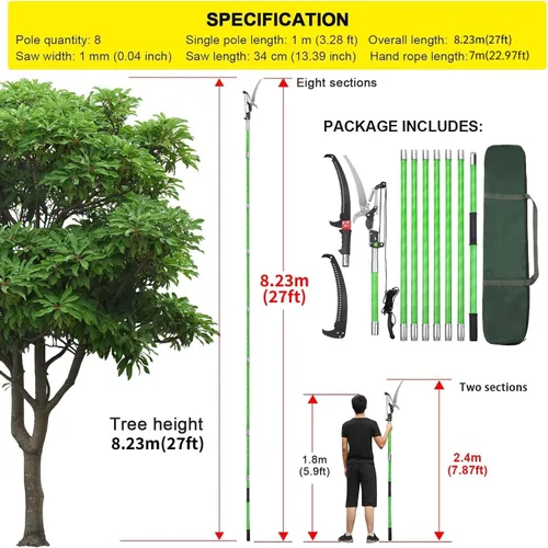Miniatura 2 de Podadora de poste de árbol de 27 pies, ramas manuales, recortadora de ramas de árbol, herramientas de jardín, sierras de poste de mano, sistema