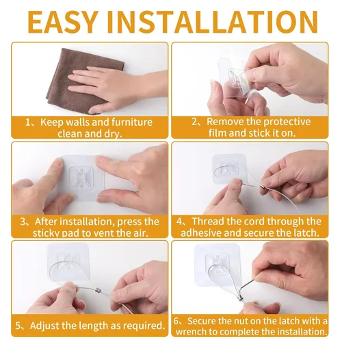 Miniatura 4 de Paquete de 10 correas ajustables de seguridad de acero inoxidable para TV, sin taladro, adhesivas, anti-punta, anclajes para muebles a prueba