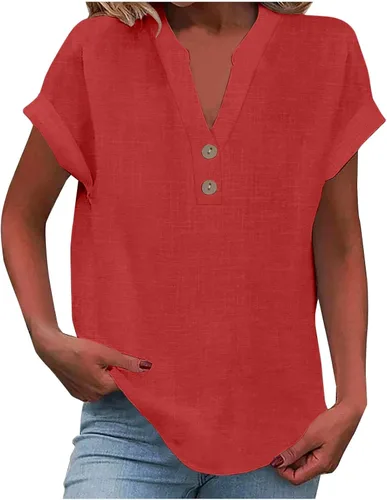 Miniatura 28 de Camisas de lino para mujer 2025 verano casual cuello en V botón abajo manga corta tops moda cómodo negocio trabajo blusas, beige (A-Beige)