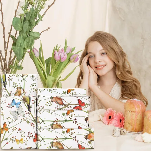 Miniatura 7 de AnyDesign 6 hojas de papel de regalo de pájaros, no enrollado, papel de regalo de flores de mariposa de acuarela, papel de arte decorativo plano