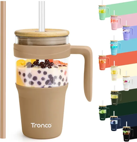 Miniatura 42 de Tronco Vaso de vidrio de 32 onzas con popote y tapa, tapa con popote 2 en 1 a prueba de fugas, botellas de agua de vidrio con asa, apto para Rosa