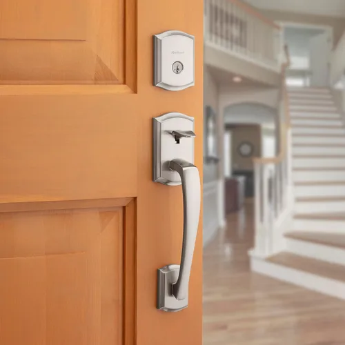 Miniatura 2 de Kwikset Prescott - Juego de manija y cerrojo de puerta delantera, manija de entrada exterior con palanca reversible interior, níquel satinado