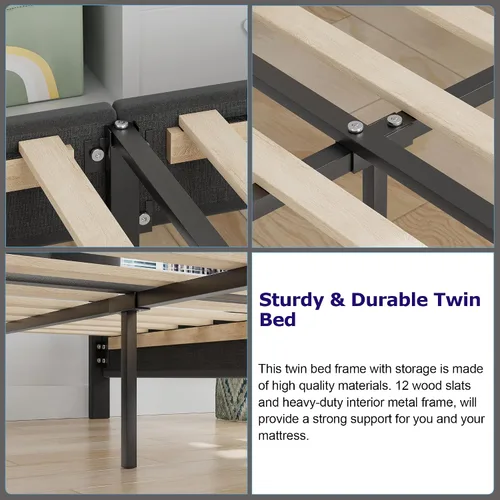 Miniatura 7 de VECELO Base de cama de tamaño individual con cajón de almacenamiento, base de cama de plataforma resistente con cabecera y fuerte soporte de Negro