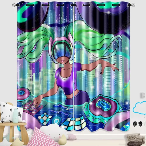 Miniatura 19 de Cortinas negras para dormitorio, decoración de habitación, cortinas opacas para ventana, juego de 2 paneles con estampado de niña africana morada