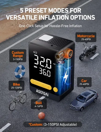 Miniatura 7 de AstroAI Bomba de bicicleta, inflador de neumáticos de 150 PSI, compresor de aire portátil, inflador de neumáticos con medidor de presión