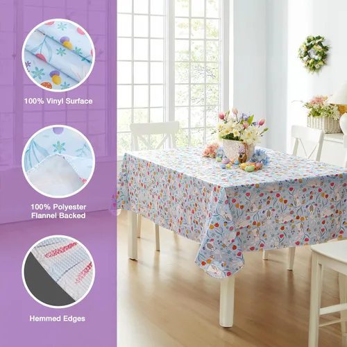 Miniatura 4 de Newbridge Blue Easter Cotton Tail Bunny Party 52 x 52 inch Square Vinyl Tablecloth with Flannel Backing, Bunny Rabbit, Easter Eggs and Floral Design