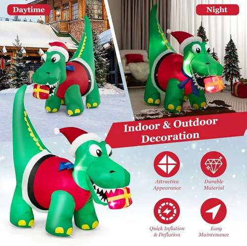Miniatura 3 de Tangkula Mordedura inflable de dinosaurio de Navidad iluminada de 6 pies, caja de regalo, decoración inflable de Navidad con luces LED y caja