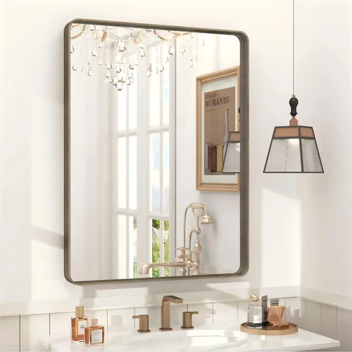 Miniatura 100 de Paquete de 2 espejos de baño con marco de metal negro de 22 x 30 pulgadas, espejo rectangular redondeado negro mate, antioxidante, se cuelga