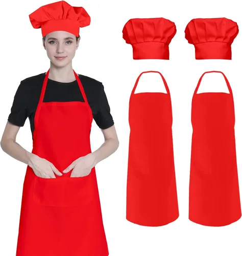 Paquete de 2 gorros de chef y delantales para mujeres y hombres, delantales de cocina con bolsillos para hornear barbacoa