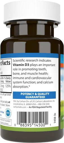 Miniatura 3 de Carlson - Vitamina D3, 1000 UI (25 mcg), salud ósea, salud muscular, colecalciferol, suplementos de vitamina D, geles blandos de vitamina D3, 60