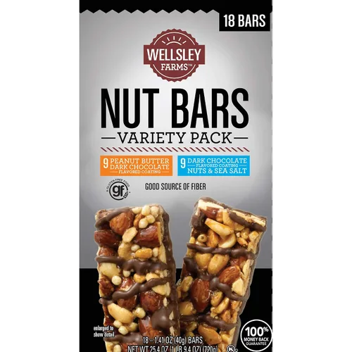 Wellsley Farms Barras de nueces de chocolate amargo. Paquete variado de 9 mantequilla de maní | 9 nueces y sal marina, 18 unidades
