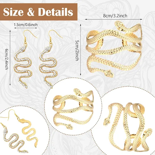 Miniatura 4 de Kathfly 4 piezas de joyería de serpiente dorada de Halloween, aretes de serpiente flexibles, ajustables, punk de serpiente, collar de gargantilla