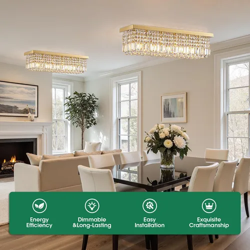 Miniatura 2 de Candelabros Modernos de Cristal para Lámpara de Comedor, Candelabro de Techo Rectangular Dorado de 6 Luces para Isla de Cocina y Sala de Estar