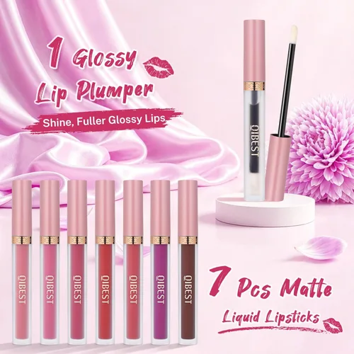 Miniatura 2 de QiBest 7 piezas de lápiz labial líquido mate y 1 pieza de set de maquillaje para labios voluminizadores, set de maquillaje de labios pigmentado