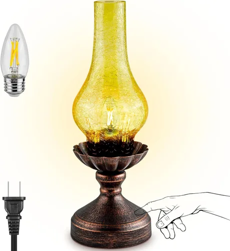 Miniatura 9 de Lámpara de mesa vintage con pantalla de cristal agrietado verde, control táctil y regulable de 3 vías, lámpara de noche rústica retro