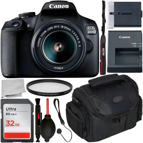 Canon Cámara DSLR EOS 2000D con lente II de 0.709-2.165 in y paquete de inicio: tarjeta de memoria SDHC SD Ultra de 32 GB + estuche de transporte de