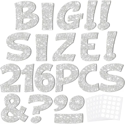 Miniatura 9 de Colarr 144 letras con purpurina para tablero de anuncios para el aula, números, símbolos de puntuación, letras troqueladas de 4 pulgadas con punto