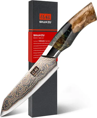 Miniatura 7 de Juego de cuchillos de cocina de Damasco SHAN ZU, cuchillos de cocina japoneses de cobre y acero de Damasco, cuchillo utilitario forjado a mano