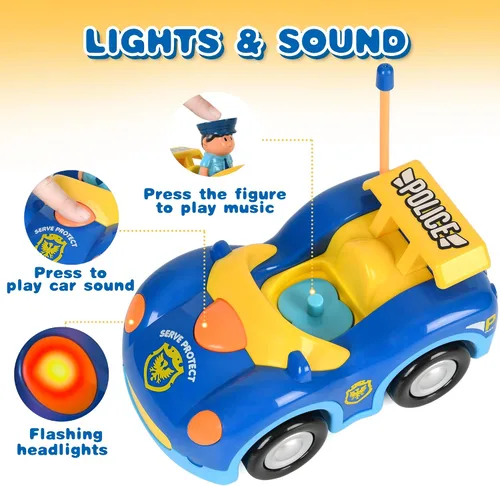 Miniatura 7 de Haktoys Carros de policía y carreras de dibujos animados a control remoto: juguetes RC para niños pequeños niños y niñas - Juego de 2 vehículos