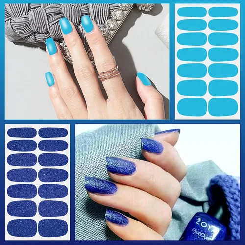 Miniatura 3 de 8 hojas de esmalte de uñas azules para mujer, calcomanías de esmalte de uñas de color sólido con purpurina para pegar en tiras de esmalte de uñas