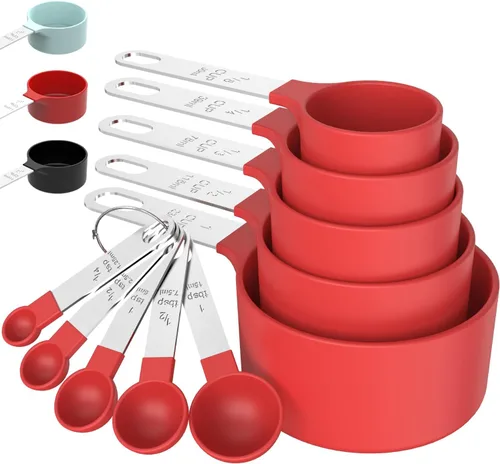 Miniatura 8 de Juego de tazas y cucharas medidoras TILUCK, tazas y cucharas apilables, tazas medidoras anidables con mango de acero inoxidable, accesorios de Verde