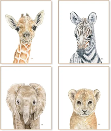 Safari Animal Nursery Prints Unframed Set of 4, Pick Your Baby Animals and Size, Original Watercolor Portraits Art Signed By Artist …