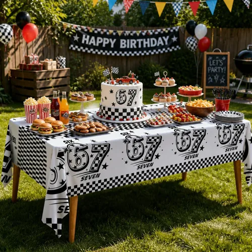 Miniatura 7 de 3 Pcs 6 7 Birthday Party Decorations 67 Disposable Plastic Tablecloth, Black White Retro Psychedelic Themed Disposable Table Cover for Birthday