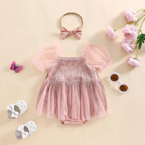 Miniatura 37 de Sasaerucure Traje de verano para bebé niña, sin mangas, mameluco de encaje tutú, mameluco de una pieza con volantes