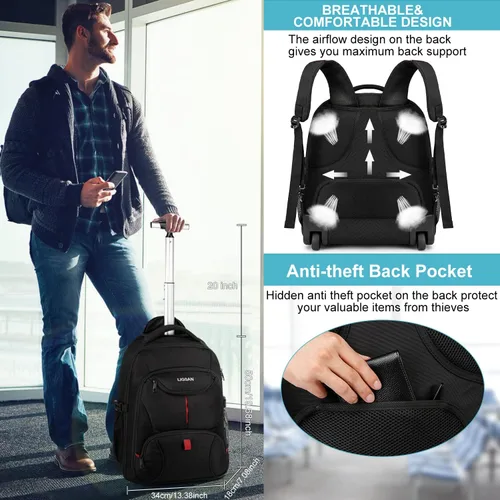 Miniatura 5 de Mochila con ruedas, mochila grande con ruedas para hombres, mujeres y adultos, mochila impermeable de 17 pulgadas para portátil de viaje, bolsa