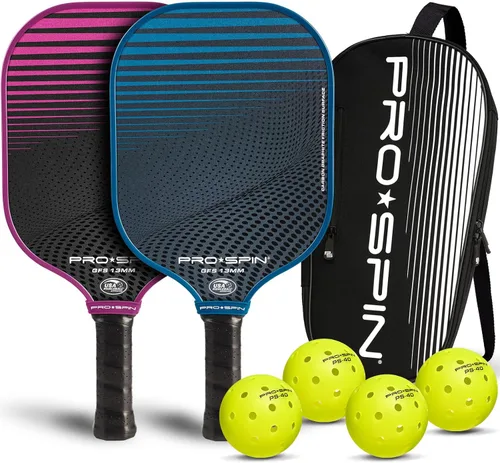 PRO-SPIN Paletas de pickleball de fibra de carbono, juego de 2 con bolas para interiores y exteriores, bolsa o 1 paquete con cubierta, regalo Set