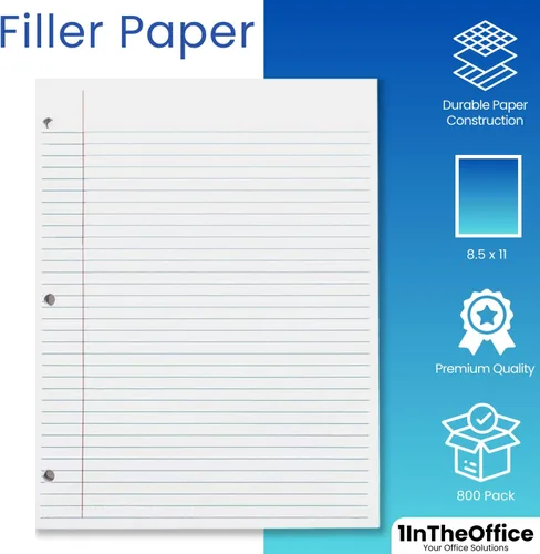 Miniatura 2 de 1InTheOffice Papel de relleno con rayas universitarias, hojas sueltas, 8.5 x 11 pulgadas, 3 agujeros perforados, blanco, 800 hojas - Papel rayado a