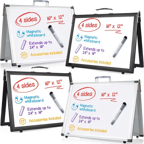 Juego de 4 pizarras blancas portátiles – Pizarra blanca de escritorio de 4 lados para niños, profesores y aulas, caballete magnético de mesa de 16 x