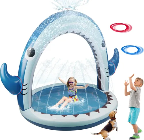 Gleamkid Aspersor de tiburón gigante para niños, juguetes inflables de agua con rociador de 360°, 4 anillos de lanzamiento de plástico, juego de