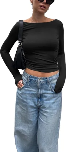 Miniatura 3 de Tankaneo Camisas de manga larga para mujer, camisetas básicas para salir, corte ajustado, cuello barco, camisetas Y2K