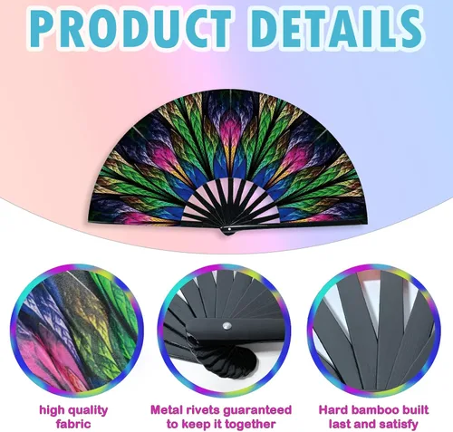 Miniatura 4 de Abanico rave, ventilador de mano plegable grande para mujeres y hombres, ventiladores para baile de línea para raves, EDM, fiesta de baile