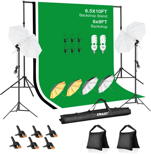 EMART Sistema de soporte de fondo de 6.5 x 10 pies, kit de iluminación profesional para fotografía con foco CFL de 45 W, paraguas, fondo de 6 x 9