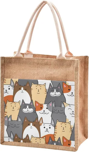 Miniatura 9 de CaTaKu Divertida bolsa de yute con asas y cremallera para gatos, bolsa de arpillera reutilizable con bolsillo frontal de lona, regalo para bodas, 12