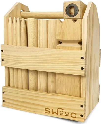 SWOOC Games - Juego de Kubb Yard - Juego de ajedrez vikingo de madera dura premium con caja de madera - para adultos y niños - Juego de Kubb tamaño
