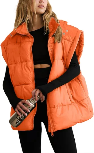 Miniatura 8 de Shiyifa Chaleco acolchado para mujer, chaqueta de gran tamaño, sin mangas, ligera, con cremallera, con capucha desmontable